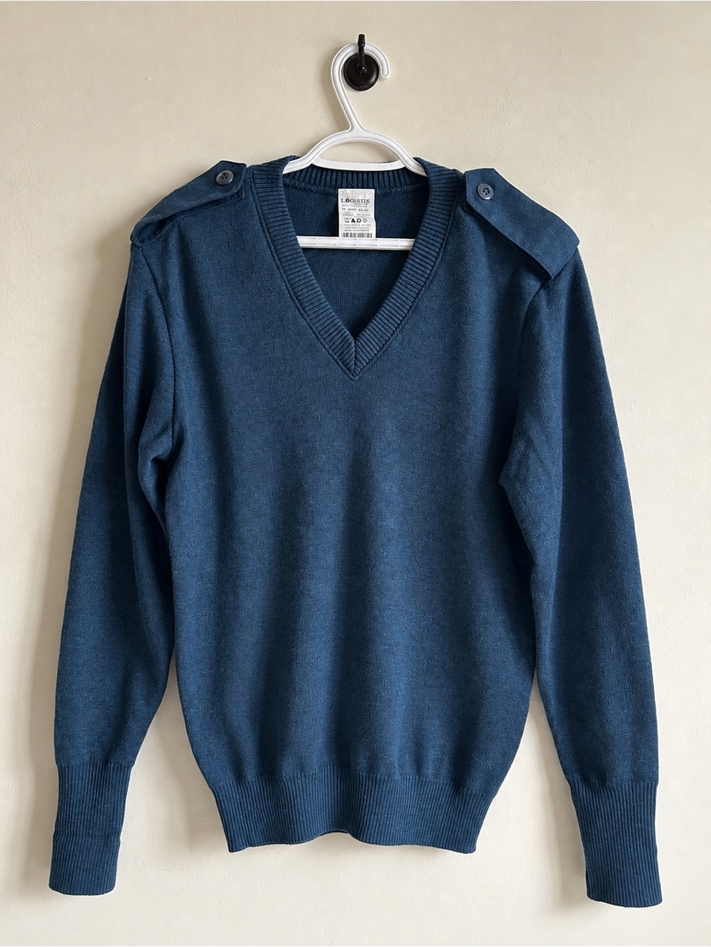 Vintage Logistik Wool Blue V-Neck Military Style Epaulet Sweater